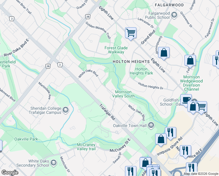 map of restaurants, bars, coffee shops, grocery stores, and more near 1359 White Oaks Boulevard in Oakville