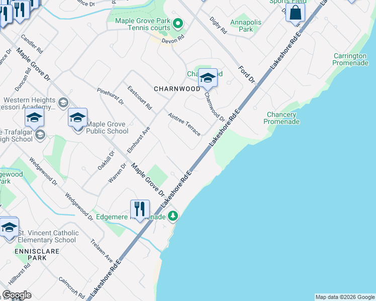 map of restaurants, bars, coffee shops, grocery stores, and more near 2076 Blyth Crescent in Oakville