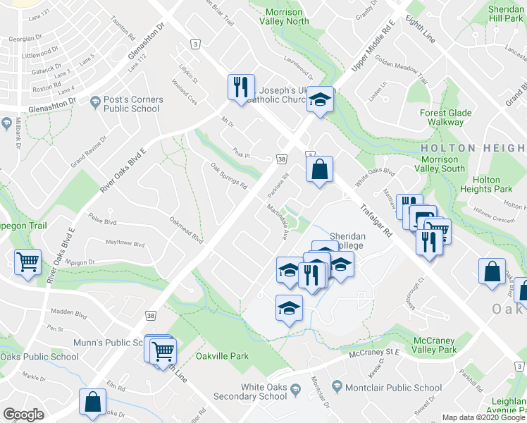 map of restaurants, bars, coffee shops, grocery stores, and more near 280 Nottingham Drive in Oakville