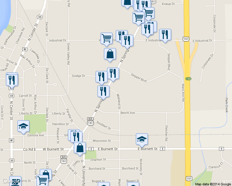 map of restaurants, bars, coffee shops, grocery stores, and more near 1513 North Spring Street in Beaver Dam