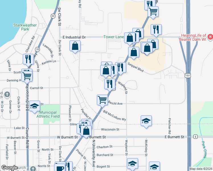 map of restaurants, bars, coffee shops, grocery stores, and more near 1512 North Spring Street in Beaver Dam