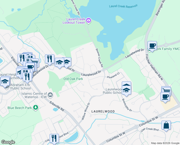 map of restaurants, bars, coffee shops, grocery stores, and more near 400 Old Oak Drive in Waterloo