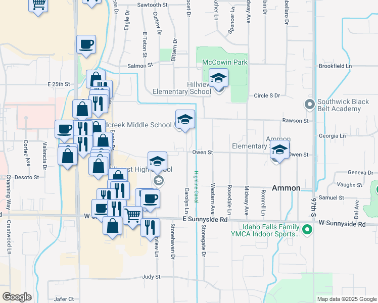 map of restaurants, bars, coffee shops, grocery stores, and more near 2955 Owen Street in Ammon