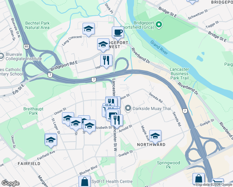 map of restaurants, bars, coffee shops, grocery stores, and more near 416 Lancaster Street West in Kitchener