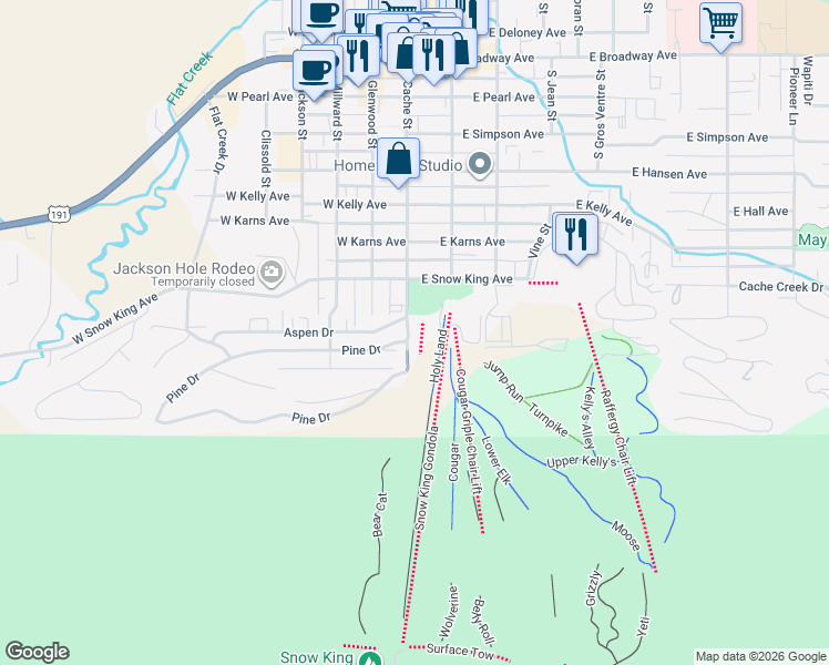map of restaurants, bars, coffee shops, grocery stores, and more near 10 Snow King Avenue in Jackson