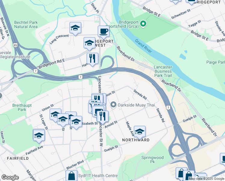 map of restaurants, bars, coffee shops, grocery stores, and more near 1175 Union Street in Kitchener