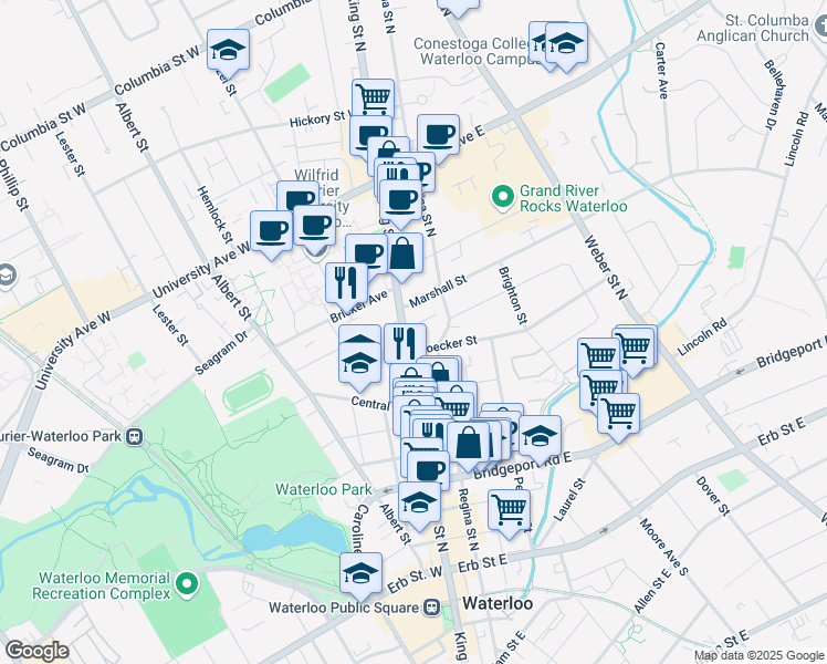 map of restaurants, bars, coffee shops, grocery stores, and more near 107 Regina Street North in Waterloo