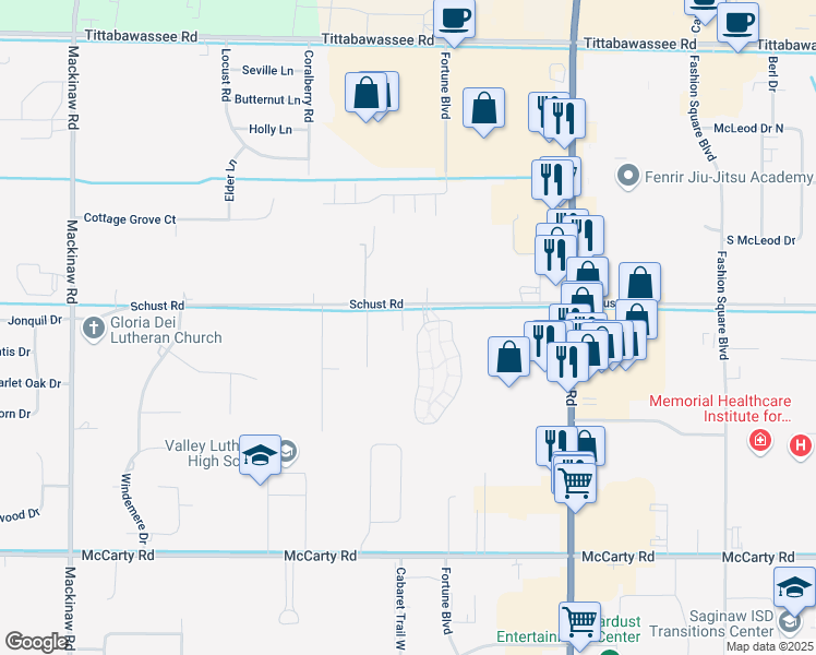 map of restaurants, bars, coffee shops, grocery stores, and more near 3267 Schust Road in Saginaw