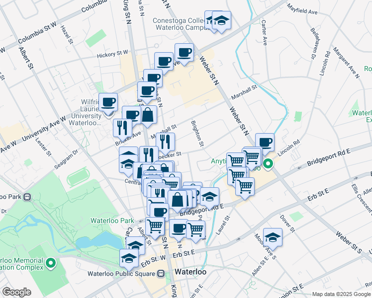 map of restaurants, bars, coffee shops, grocery stores, and more near 52 Noecker Street in Waterloo