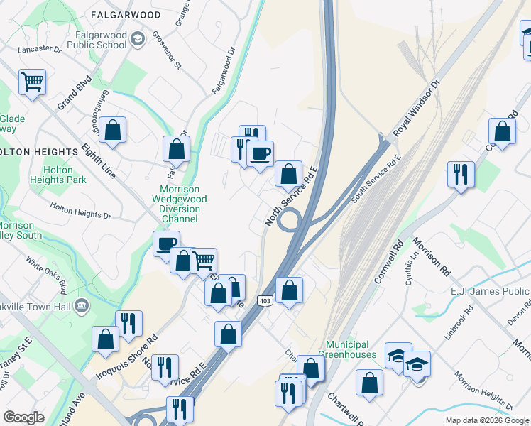 map of restaurants, bars, coffee shops, grocery stores, and more near 1111 North Service Road East in Oakville