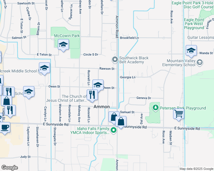 map of restaurants, bars, coffee shops, grocery stores, and more near 3440 Owen Street in Ammon