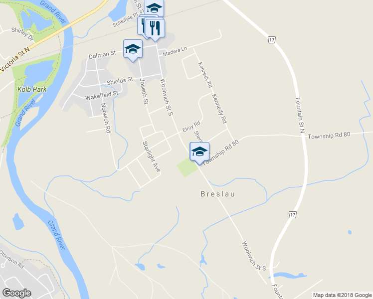 map of restaurants, bars, coffee shops, grocery stores, and more near Woolwich Street South in Breslau