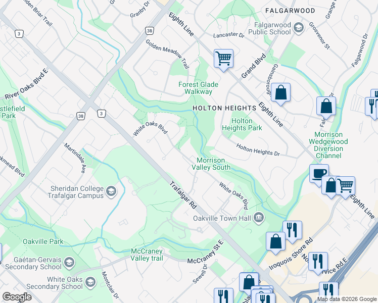 map of restaurants, bars, coffee shops, grocery stores, and more near 1359 White Oaks Boulevard in Oakville