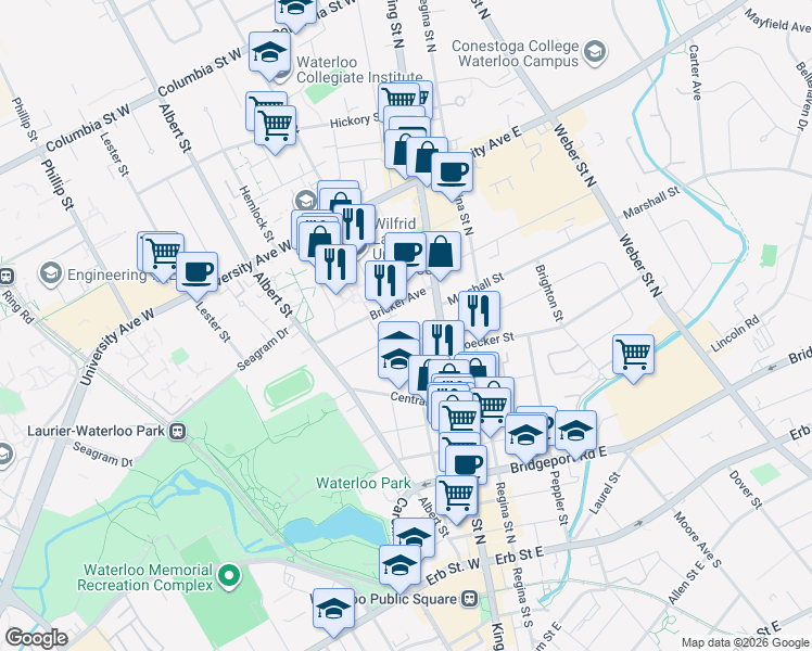 map of restaurants, bars, coffee shops, grocery stores, and more near 22 Ezra Avenue in Waterloo