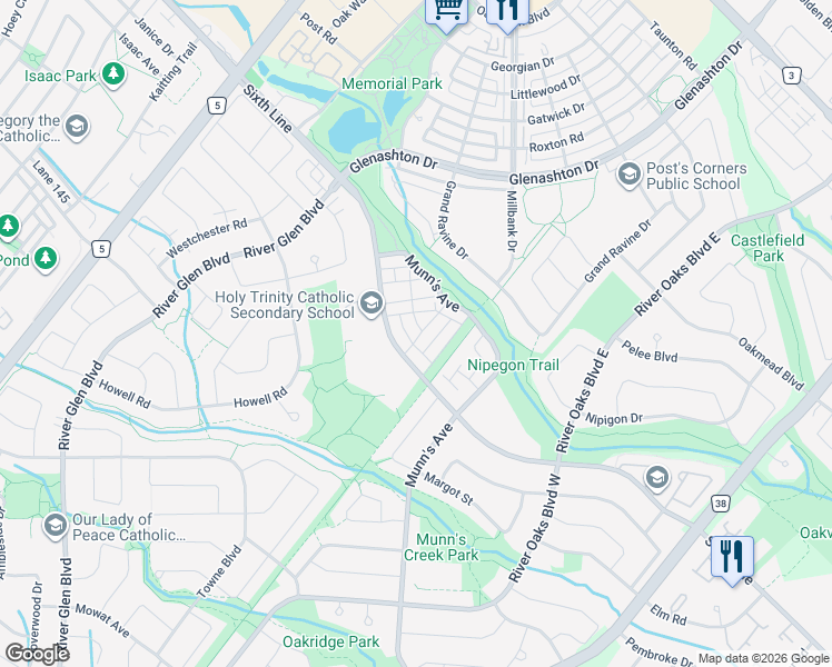 map of restaurants, bars, coffee shops, grocery stores, and more near 23 Chester Street in Oakville