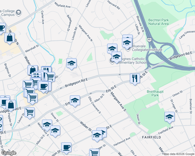 map of restaurants, bars, coffee shops, grocery stores, and more near 27 Margaret Avenue North in Waterloo