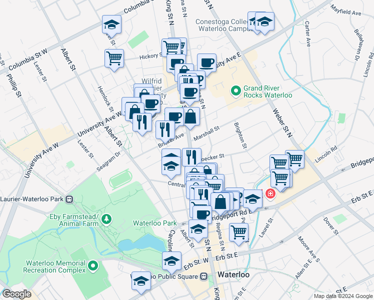 map of restaurants, bars, coffee shops, grocery stores, and more near in Waterloo