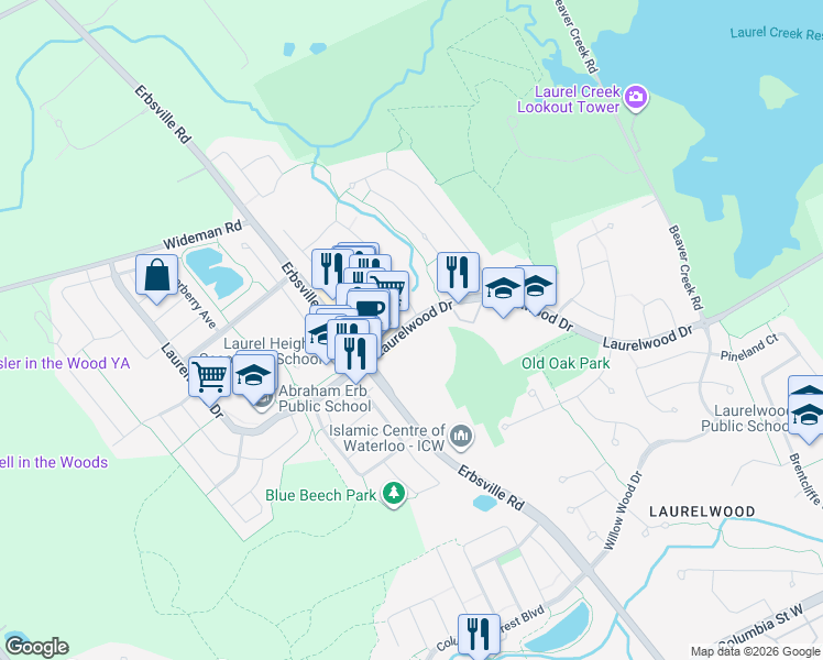 map of restaurants, bars, coffee shops, grocery stores, and more near 212 Laurelwood Drive in Waterloo