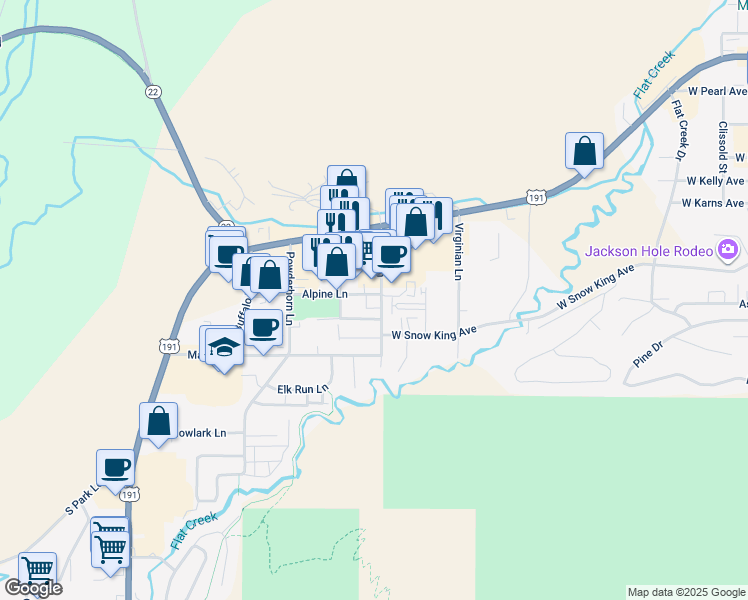 map of restaurants, bars, coffee shops, grocery stores, and more near 205 Scott Lane in Jackson