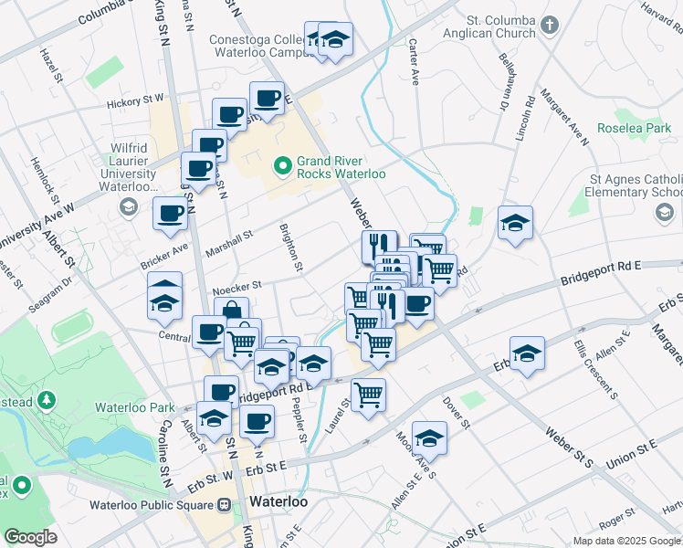 map of restaurants, bars, coffee shops, grocery stores, and more near 86 Elgin Crescent in Waterloo