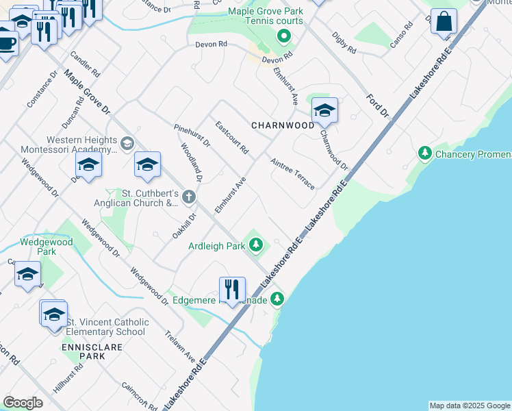 map of restaurants, bars, coffee shops, grocery stores, and more near 2048 Ardleigh Road in Oakville
