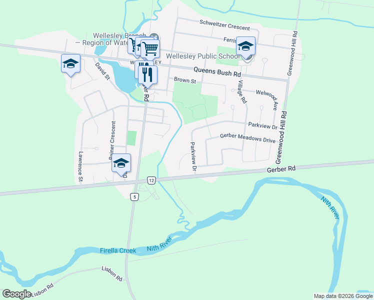map of restaurants, bars, coffee shops, grocery stores, and more near 2 Firella Place in Waterloo Regional Municipality