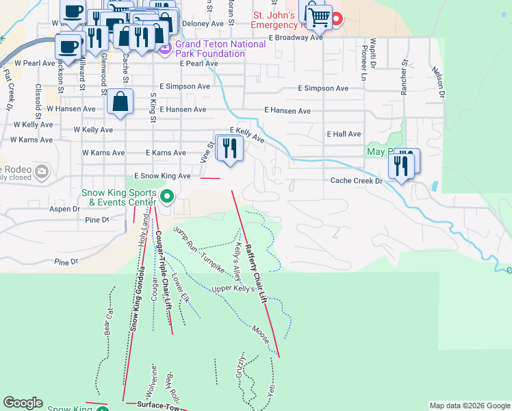 map of restaurants, bars, coffee shops, grocery stores, and more near 548 Snow King Loop Road in Jackson