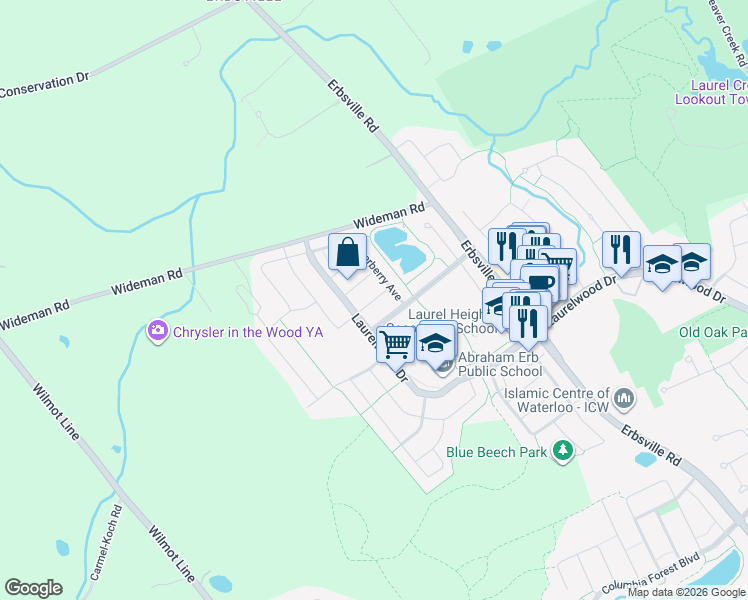 map of restaurants, bars, coffee shops, grocery stores, and more near Virginia Creeper Street in Waterloo