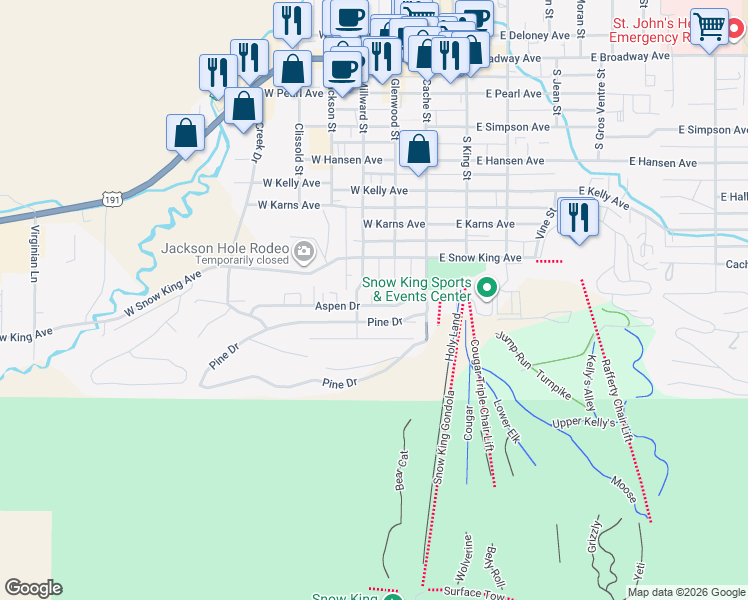 map of restaurants, bars, coffee shops, grocery stores, and more near 107-165 Pine Drive in Jackson