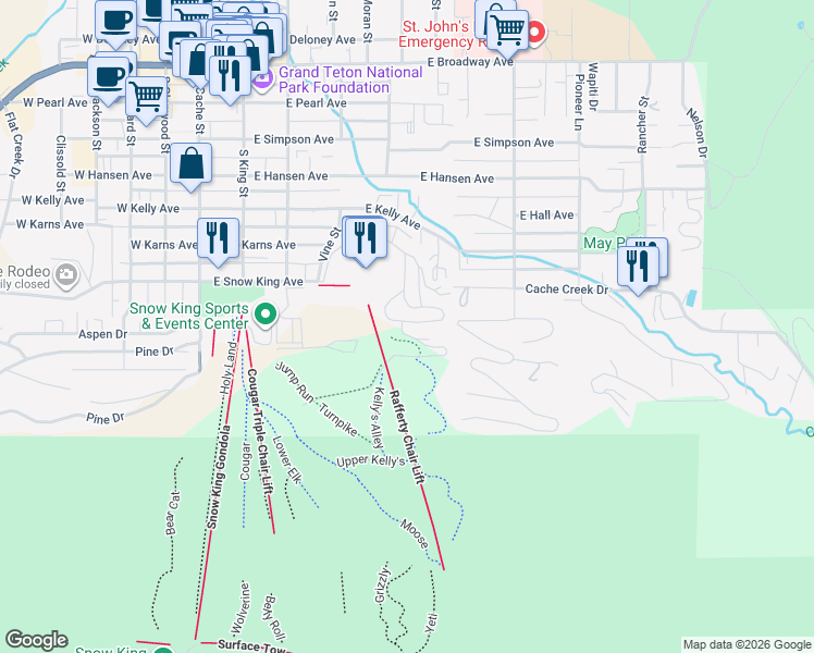 map of restaurants, bars, coffee shops, grocery stores, and more near 548 Snow King Loop Road in Jackson