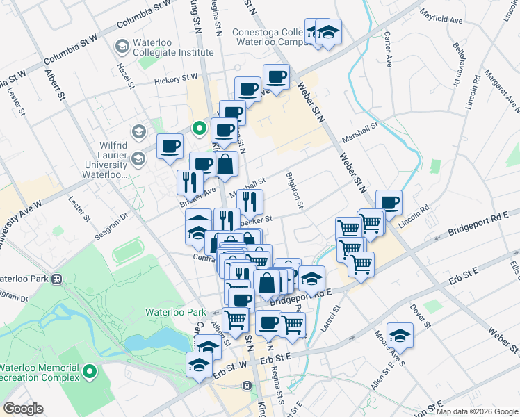 map of restaurants, bars, coffee shops, grocery stores, and more near 39 Noecker Street in Waterloo