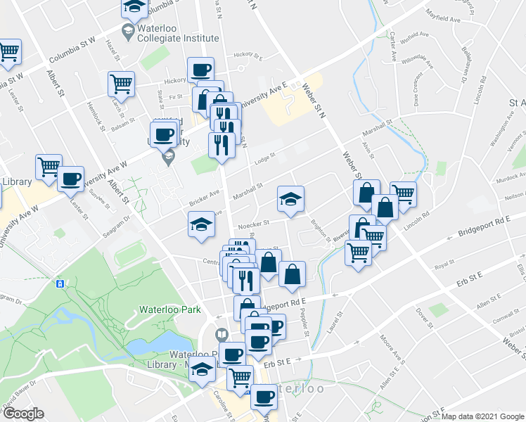 map of restaurants, bars, coffee shops, grocery stores, and more near 39 Noecker Street in Waterloo