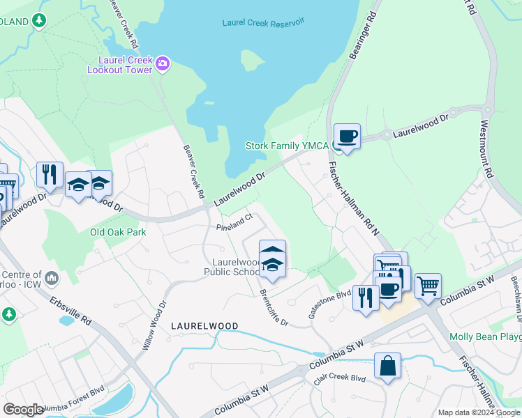 map of restaurants, bars, coffee shops, grocery stores, and more near 235 Pineland Court in Waterloo