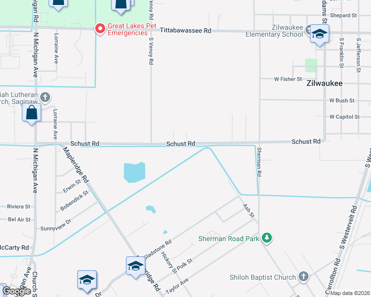 map of restaurants, bars, coffee shops, grocery stores, and more near 911 Schust Road in Saginaw