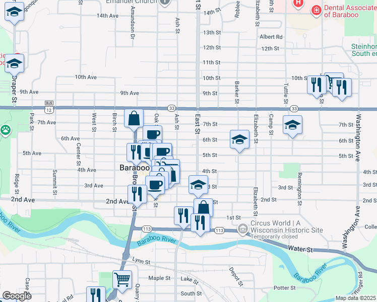 map of restaurants, bars, coffee shops, grocery stores, and more near 617 East Street in Baraboo