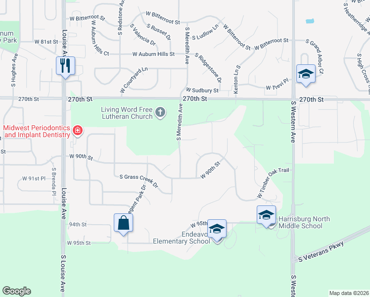 map of restaurants, bars, coffee shops, grocery stores, and more near 2509 West Timber Oak Trail in Sioux Falls