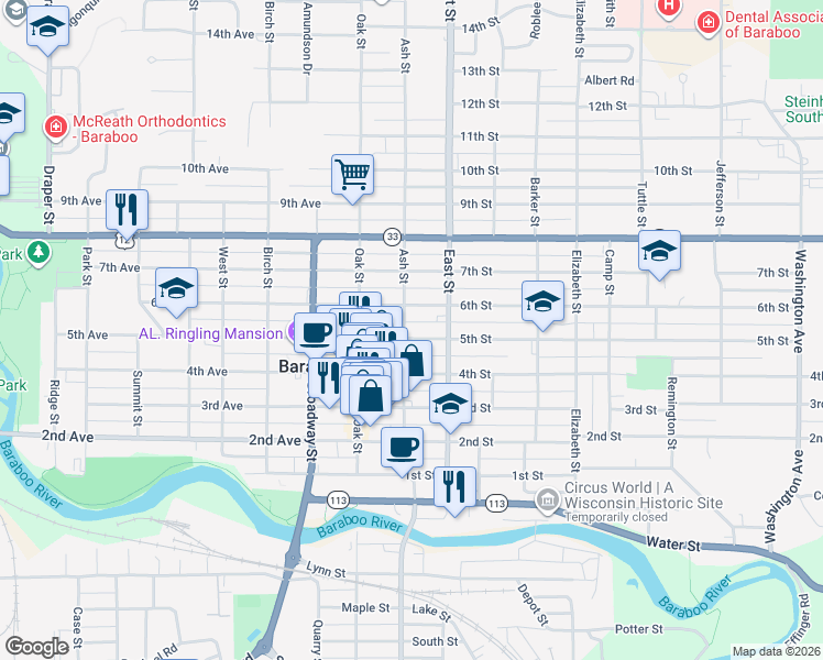 map of restaurants, bars, coffee shops, grocery stores, and more near 614 Ash Street in Baraboo