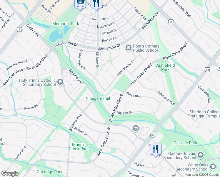 map of restaurants, bars, coffee shops, grocery stores, and more near 2192 Grand Ravine Drive in Oakville