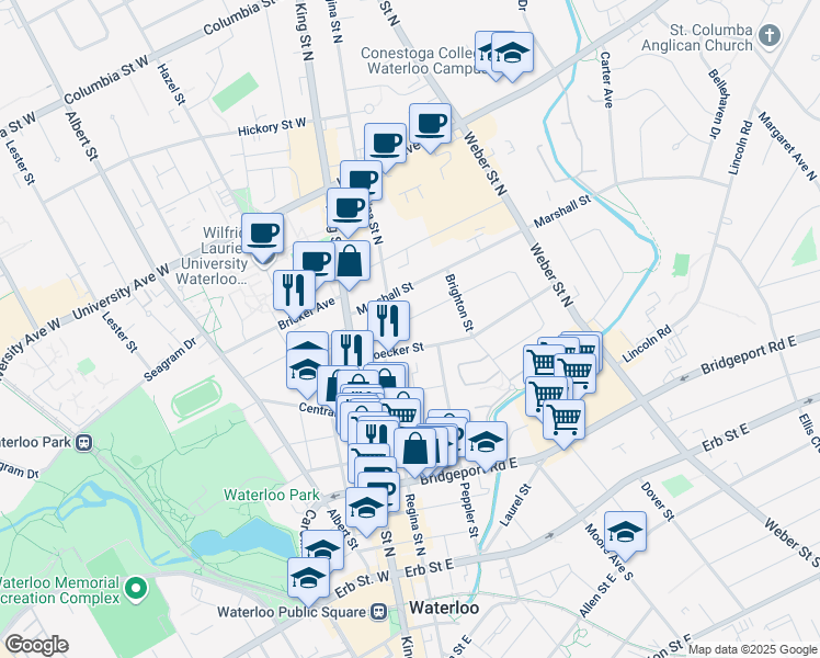 map of restaurants, bars, coffee shops, grocery stores, and more near 174 Elgin Crescent in Waterloo