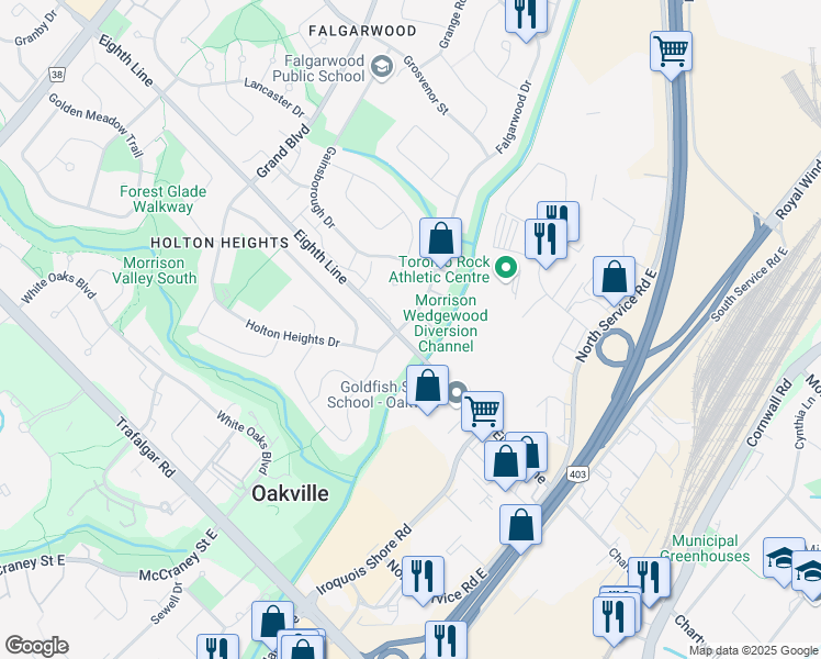 map of restaurants, bars, coffee shops, grocery stores, and more near 1008 Falgarwood Drive in Oakville
