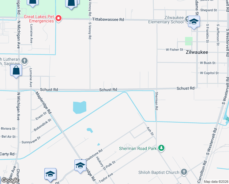 map of restaurants, bars, coffee shops, grocery stores, and more near 911 Schust Road in Saginaw