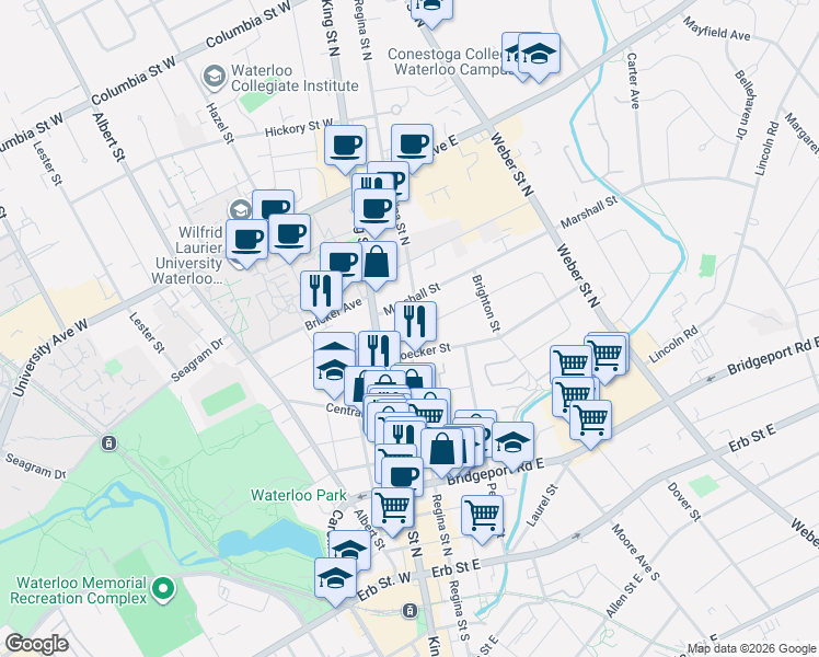 map of restaurants, bars, coffee shops, grocery stores, and more near in Waterloo