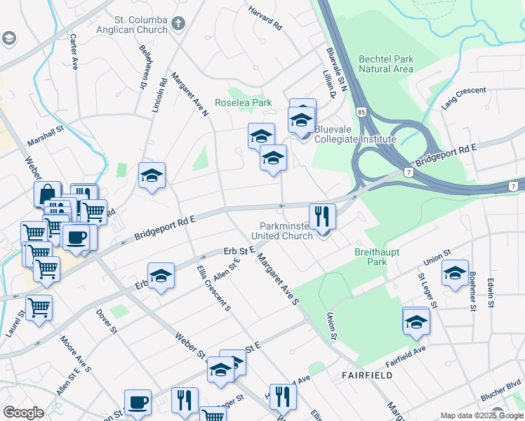 map of restaurants, bars, coffee shops, grocery stores, and more near 245 Bridgeport Road East in Waterloo