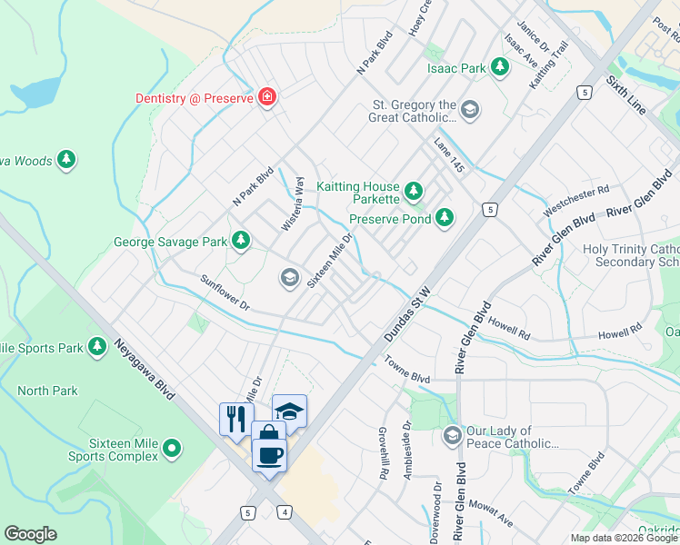 map of restaurants, bars, coffee shops, grocery stores, and more near 3081 Harebell Gate in Oakville
