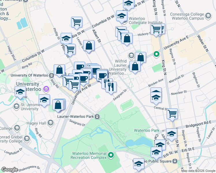map of restaurants, bars, coffee shops, grocery stores, and more near 191 Lester Street in Waterloo