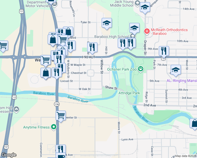 map of restaurants, bars, coffee shops, grocery stores, and more near 150 Shaw Street in Baraboo