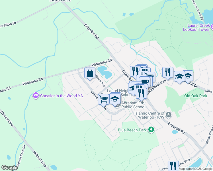map of restaurants, bars, coffee shops, grocery stores, and more near 600 Winterberry Avenue in Waterloo