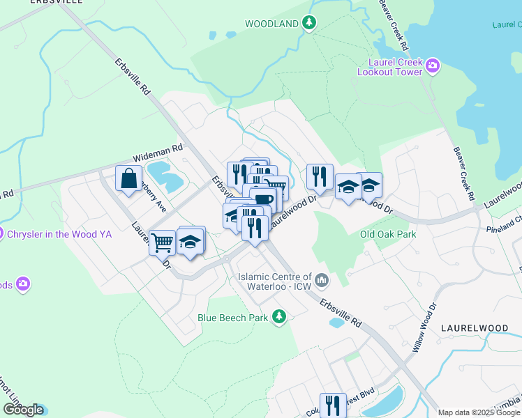 map of restaurants, bars, coffee shops, grocery stores, and more near 1645 Erbsville Road in Waterloo