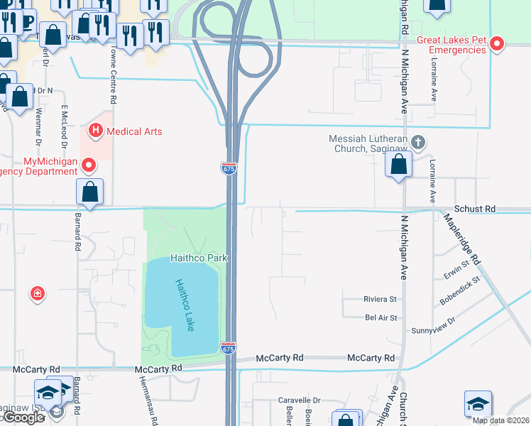 map of restaurants, bars, coffee shops, grocery stores, and more near 4456 Pawlick Drive in Saginaw
