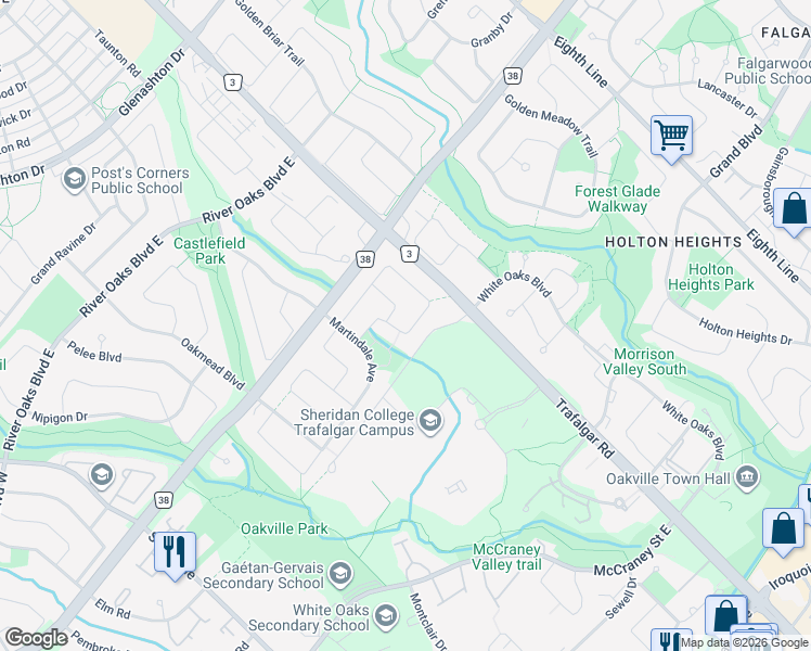 map of restaurants, bars, coffee shops, grocery stores, and more near 444 Parklane Road in Oakville